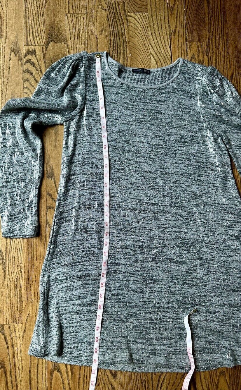 ZARA WOMEN'S HEATHER GRAY THIN KNIT LONG PUFF SLEEVE SEQUIN‎ MINI DRESS Sz Large - Picture 10 of 11